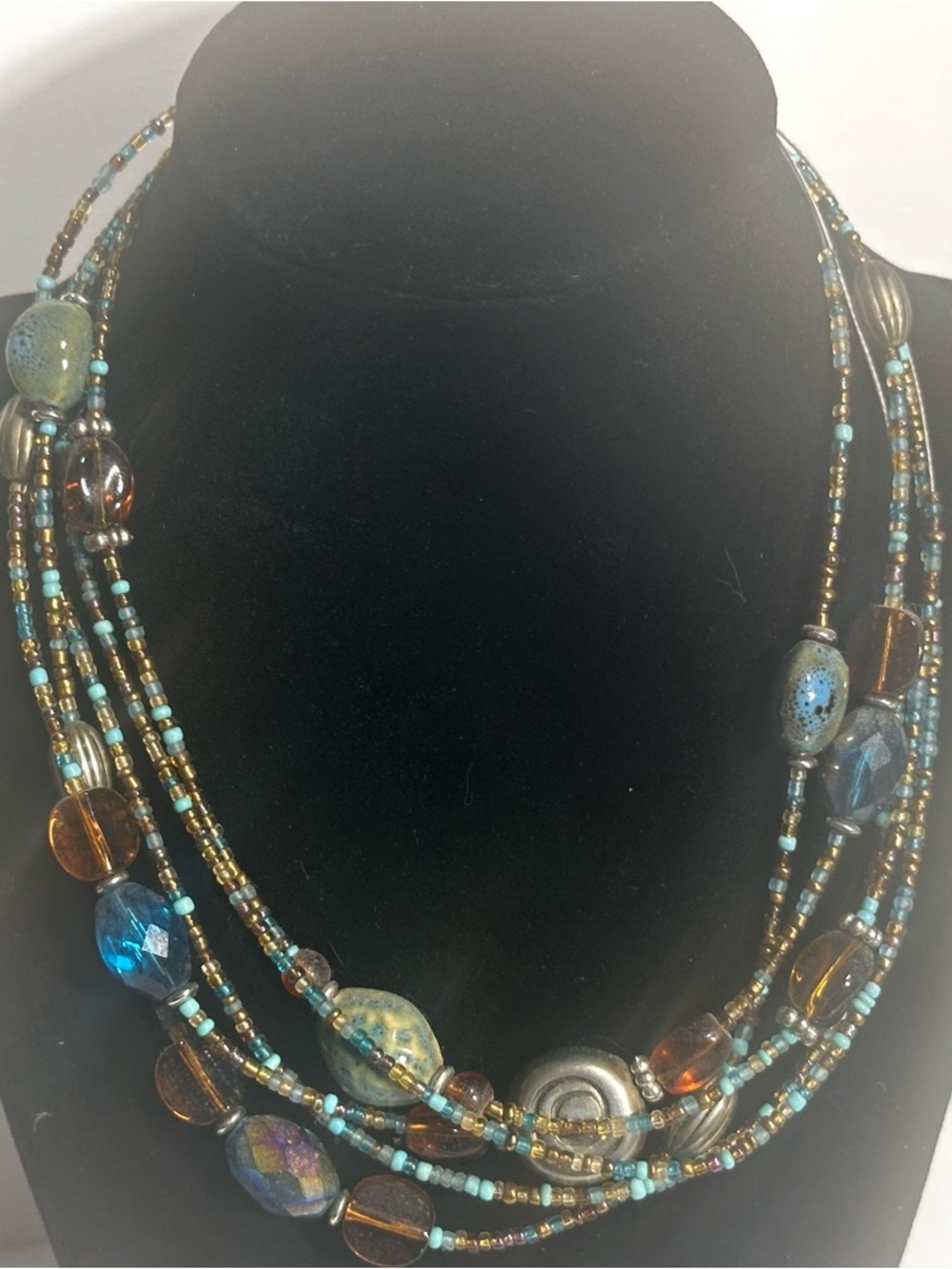 Boho Amber Blue Brown & Silver Beaded Layered Necklace Beautiful Colors